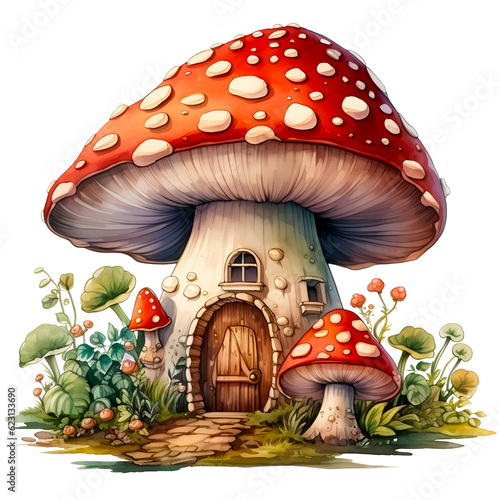 Watercolor mushroom house clipart with transparent background, created with generative AI technology