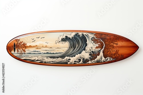 Planche de surf décorative sen bois sur fond blanc, ia, générative