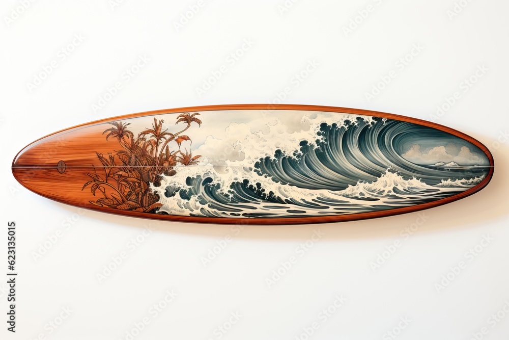 Planche de surf décorative sen bois sur fond blanc, ia, générative Planche de surf décorative sen bois sur fond blanc, ia, générative