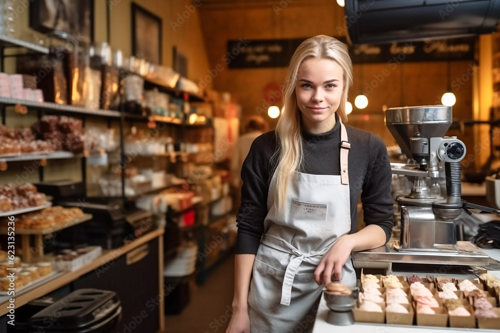 Smiling saleswomen at the bakery. AI generative. Smiling saleswomen at the bakery. AI generative.
