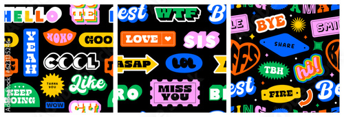 Funny retro text quote sticker seamless pattern set. Colorful vintage style typography sign background collection. Fun repeat texture print with slang lettering, comic word icon.