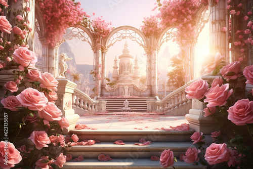 Foto illustration fantasy background wallpaper of beautiful rose flower at ancient pa