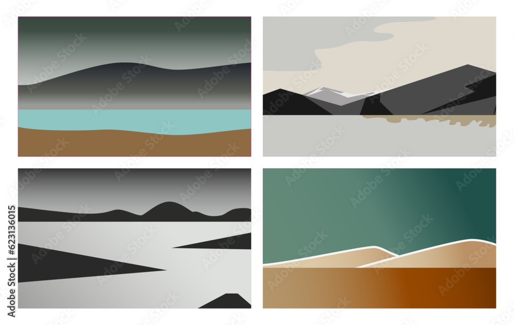 Abstract northern landscape with mountains and lakes. Vector illustration.