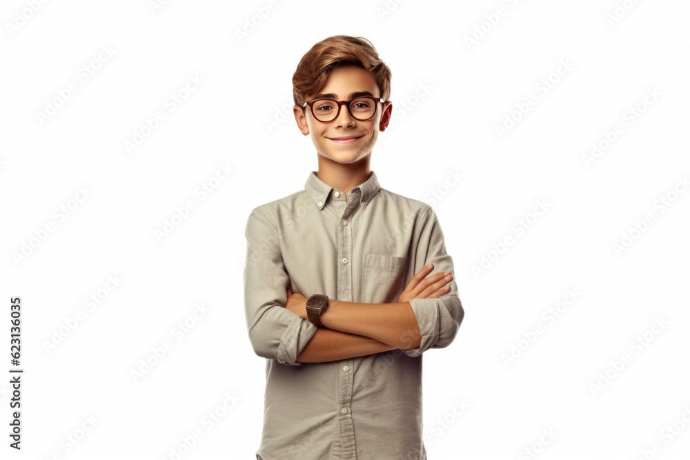 Portrait of Confident Teenage Schoolboy Posing on White Background with His Arms Crossed. Portrait of Confident Teenage Schoolboy Posing on White Background with His Arms Crossed.