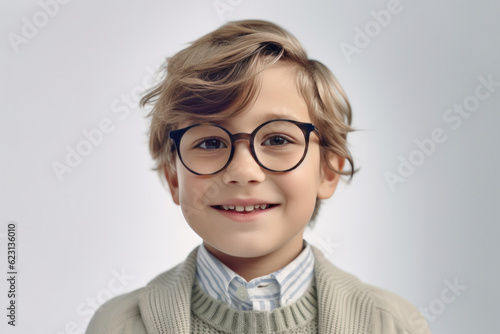 Elementary School Student in Eyeglasses is Smiling on Copy Space. Cute Smart Child in Glasses.