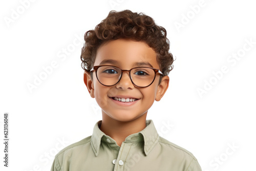 Cute Hispanic Little Child in Glasses. Concept of Primary Education and Preschool Training.