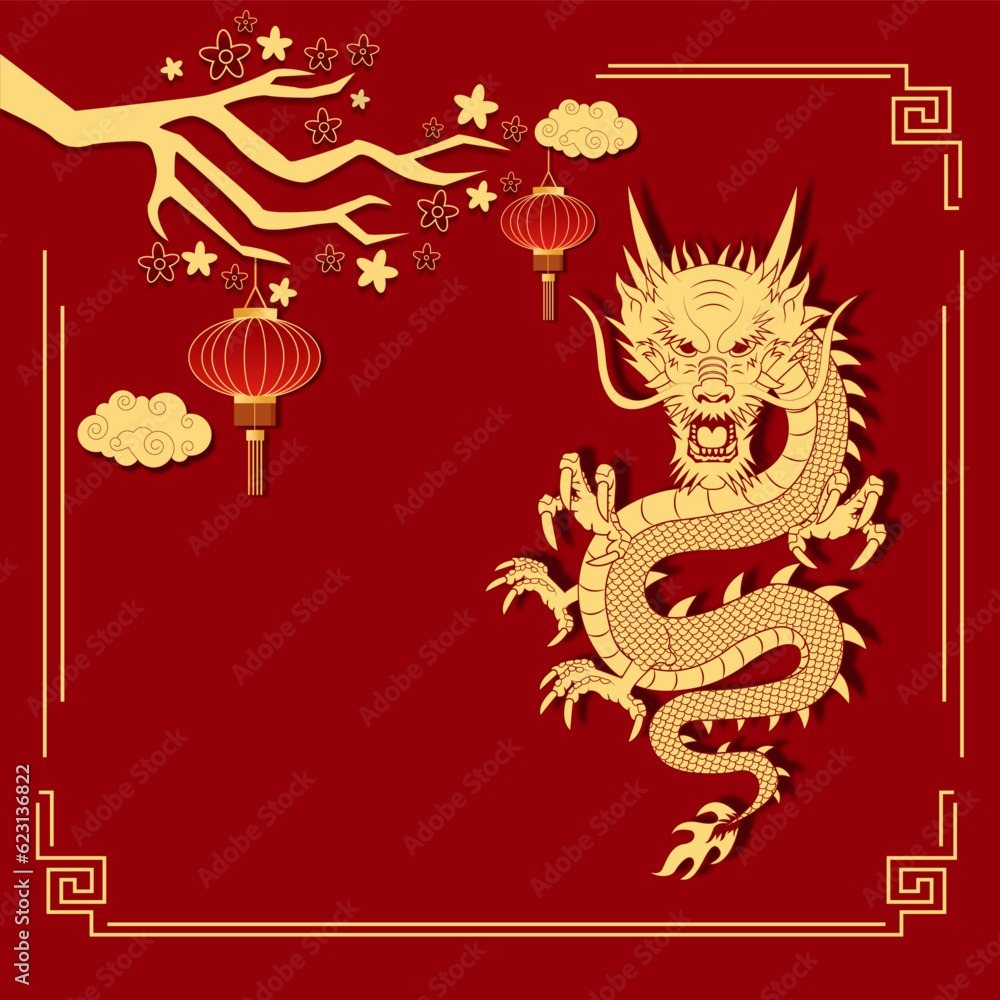 New year 2024 the dragon zodiac sign with clouds, dragon, lantern, asian elements gold red color background. Year of the dragon. New Year banners, posters, newsletters