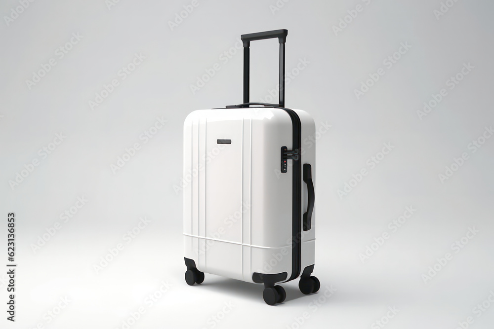 Side View of Stylish Polycarbonate valise on Wheels. Cute Luggage for Air Travelling. Generative AI. Side View of Stylish Polycarbonate valise on Wheels. Cute Luggage for Air Travelling. Generative AI.