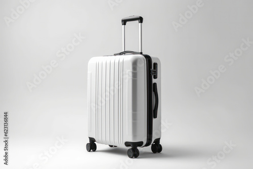 Mini White Plastic Suitcase on White Copy Space. Cute Luggage for Air Travelling. Generative AI.