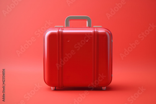 Red Hand Luggage Polycarbonate Bag Without Wheels on Light Red Copy Space. Generative AI.