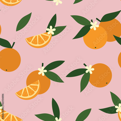 Collage contemporary floral seamless pattern with slices and whole oranges, white flowers and leaves. Summer tropical seamless pattern.