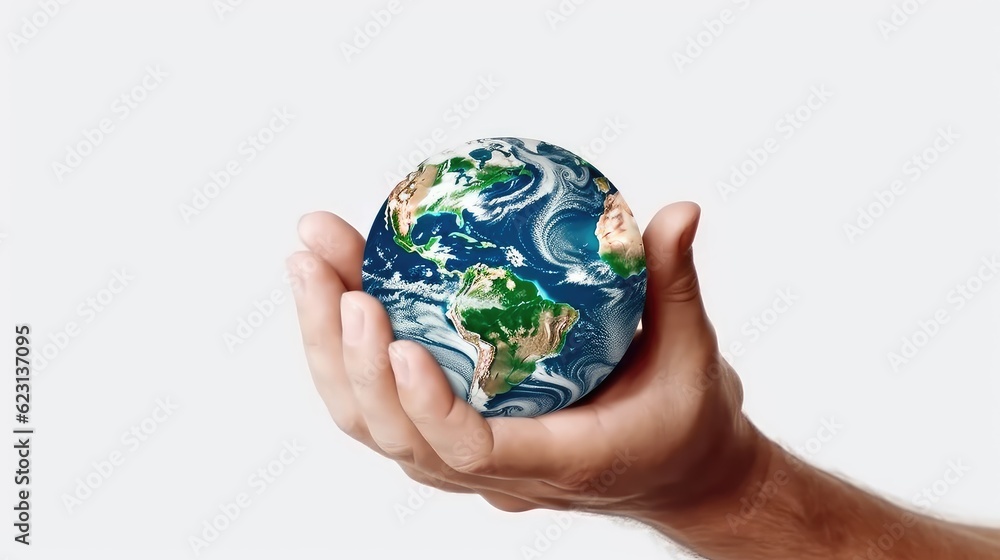 Earth held in hands photo realistic illustration - Generative AI. Earth held in hands photo realistic illustration - Generative AI.