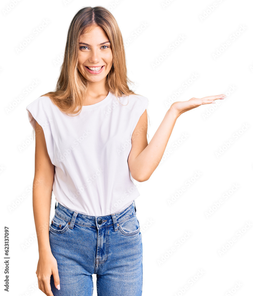 Beautiful caucasian woman with blonde hair wearing casual white tshirt smiling cheerful presenting and pointing with palm of hand looking at the camera. Beautiful caucasian woman with blonde hair wearing casual white tshirt smiling cheerful presenting and pointing with palm of hand looking at the camera.