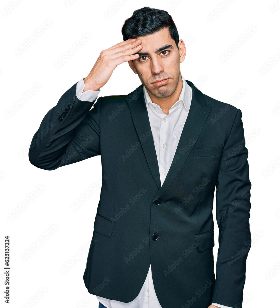Handsome hispanic man wearing business clothes worried and stressed about a problem with hand on forehead, nervous and anxious for crisis Handsome hispanic man wearing business clothes worried and stressed about a problem with hand on forehead, nervous and anxious for crisis