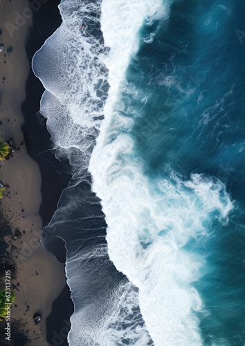 Black sand near blue clear water beach, travel destination aerial view, wallpaper. Generative Ai. © annamaria