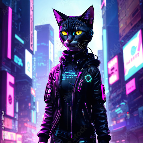 futuristic sci fi of half cat half human at night city, generative AI