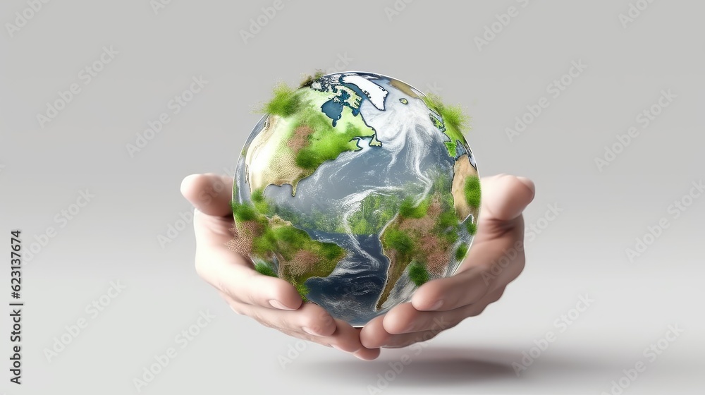 Earth held in hands photo realistic illustration - Generative AI. Earth held in hands photo realistic illustration - Generative AI.