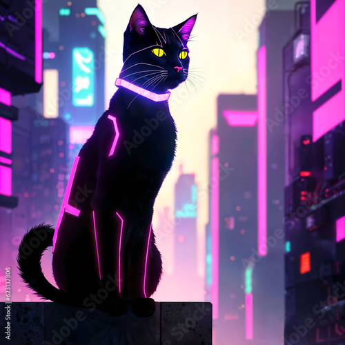 futuristic sci fi of neon cat at night city, generative AI