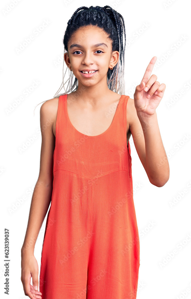 Cute african american girl wearing casual clothes showing and pointing up with finger number one while smiling confident and happy.