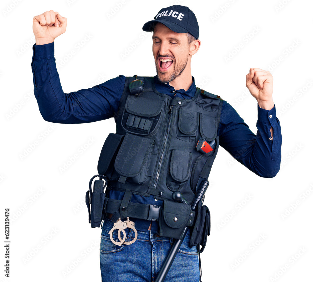 Young handsome man wearing police uniform dancing happy and cheerful, smiling moving casual and confident listening to music Young handsome man wearing police uniform dancing happy and cheerful, smiling moving casual and confident listening to music