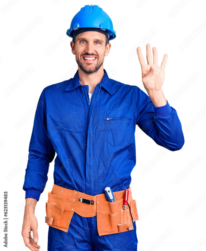 Young handsome man wearing worker uniform and hardhat showing and pointing up with fingers number four while smiling confident and happy. Young handsome man wearing worker uniform and hardhat showing and pointing up with fingers number four while smiling confident and happy.