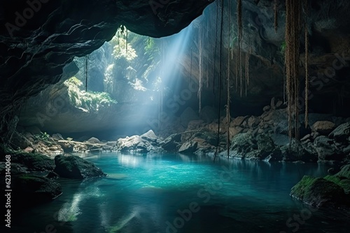 Paradise landscape of a beautiful lake in a cavern with sun rays. Travel and vacations concept background. Generative AI.