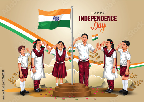 happy independence day India. Indian student saluting flag of India. abstract vector illustration design flyer