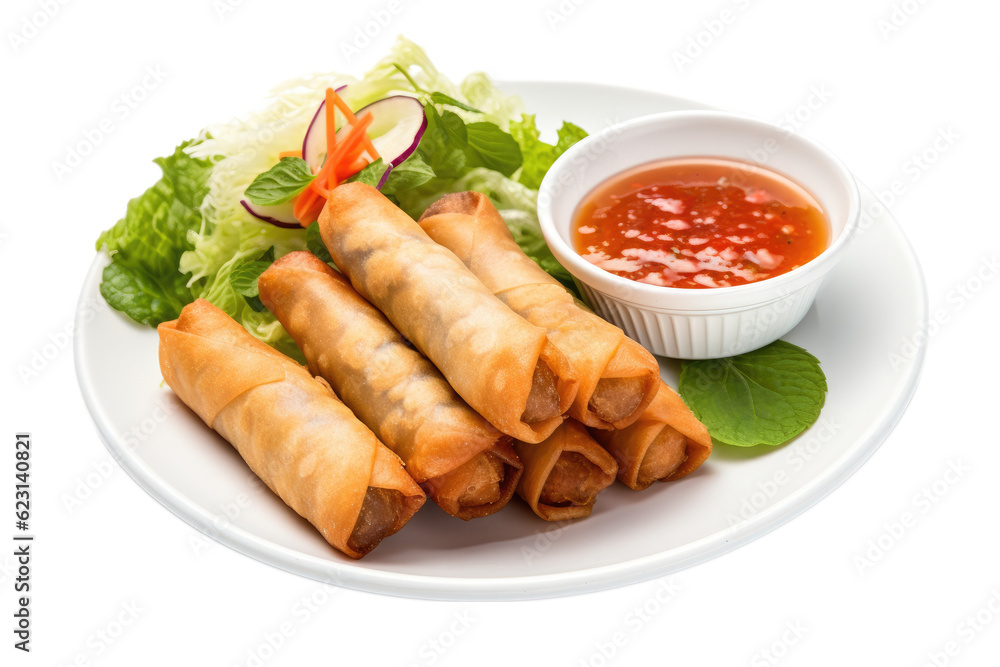 spring rolls with dip and salt on a plate, isolated, white background, generative ai spring rolls with dip and salt on a plate, isolated, white background, generative ai