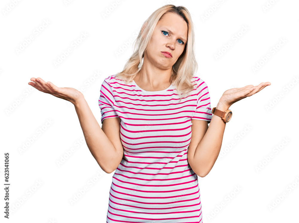 Young caucasian woman wearing casual clothes clueless and confused with open arms, no idea concept. Young caucasian woman wearing casual clothes clueless and confused with open arms, no idea concept.