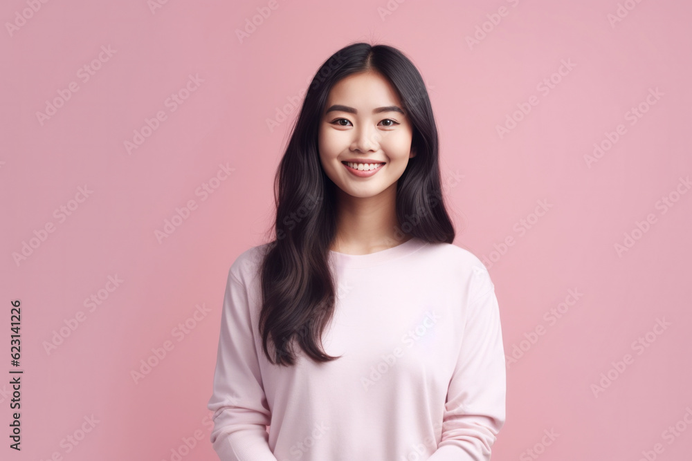 Smiling pretty korean young girl on pink background. Hair care, skincare cosmetic ad. Generative AI Smiling pretty korean young girl on pink background. Hair care, skincare cosmetic ad. Generative AI
