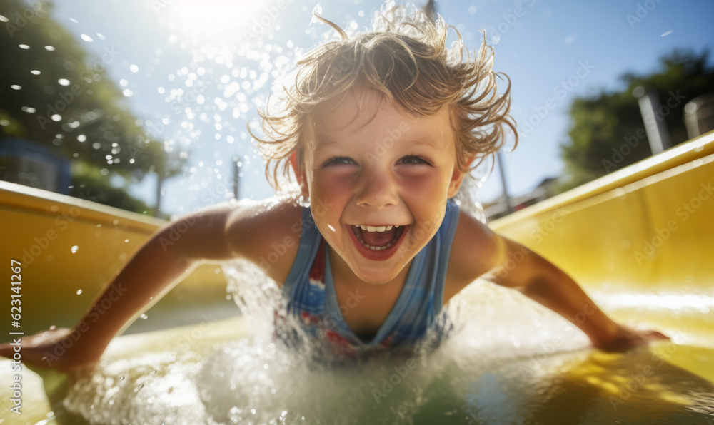 Close up of an excited child sliding on a water slide at an aqua park Close up of an excited child sliding on a water slide at an aqua park