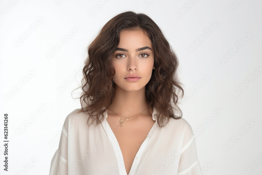 Young woman with healthy skin, brown hair on white background. Beauty care concept. Generative AI Young woman with healthy skin, brown hair on white background. Beauty care concept. Generative AI