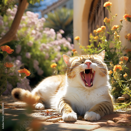 Yawning Cat in Mediterranian Backyard Generative AI