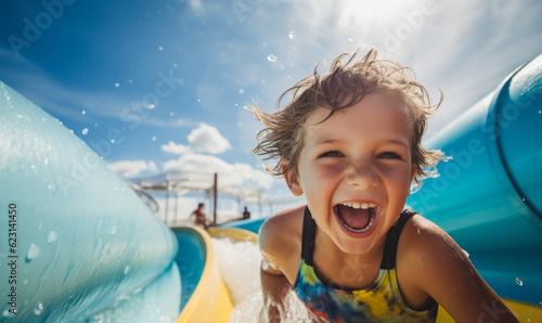A happy child sliding down a water slide on a summer holiday