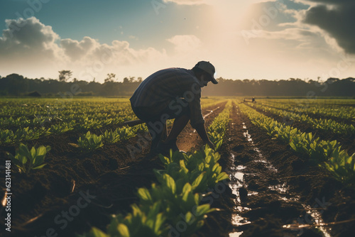 Farmer in Field tending Crops Generative AI