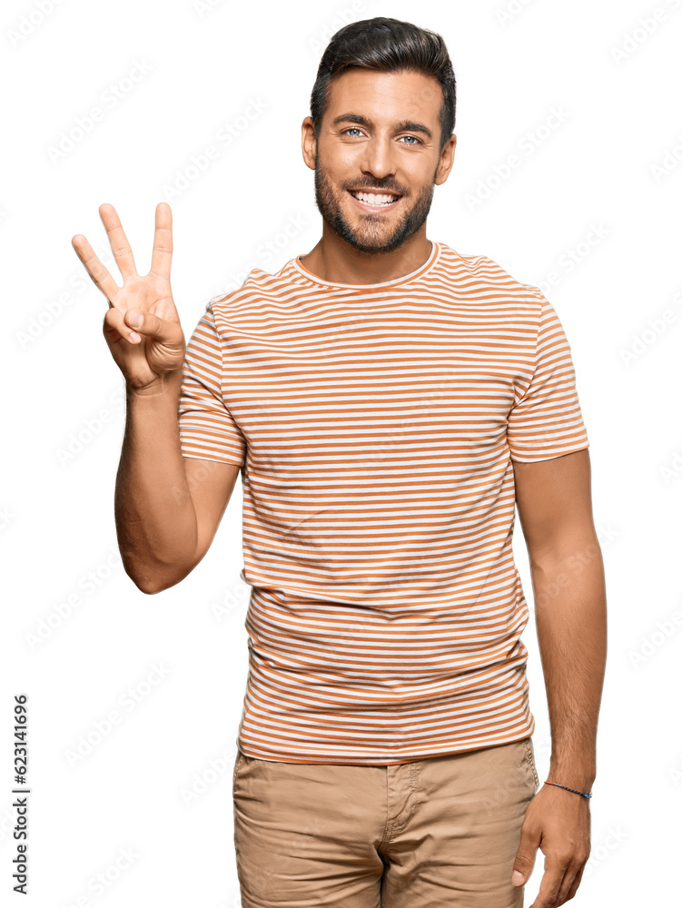 Handsome hispanic man wearing casual clothes showing and pointing up with fingers number three while smiling confident and happy. Handsome hispanic man wearing casual clothes showing and pointing up with fingers number three while smiling confident and happy.