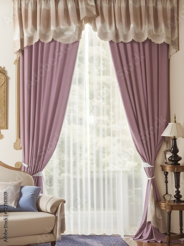 curtains in the window, curtains design in bedge and Pink , Ai generated photo