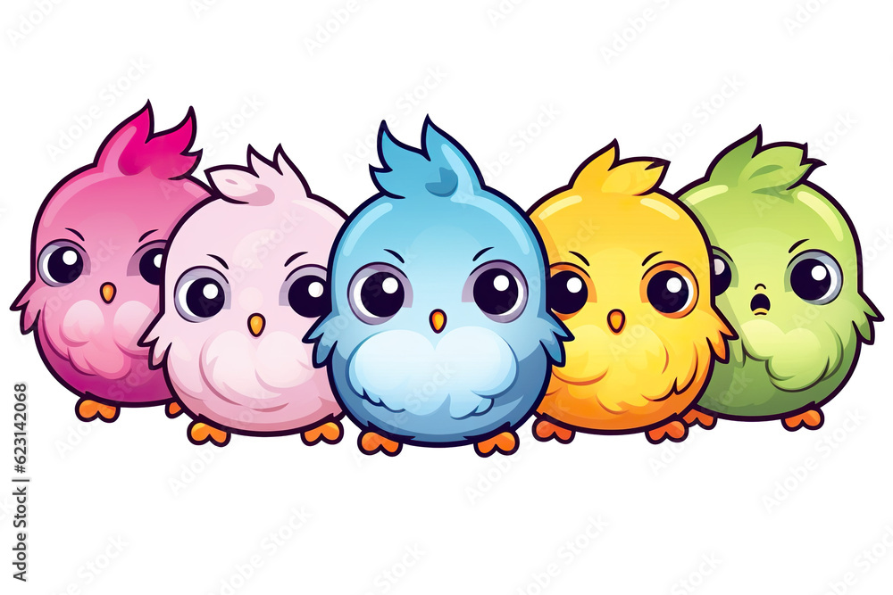Kawaii beautiful birds sticker image, in the style of kawaii art, meme art, isolated white background PNG