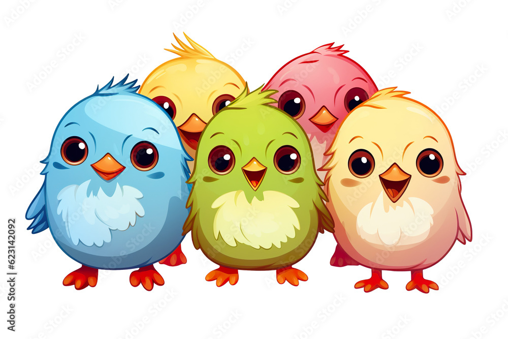 Kawaii beautiful birds sticker image, in the style of kawaii art, meme art, isolated white background PNG