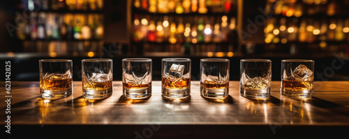 Whiskey glasses in row at wooden bar in pup or restaurant.