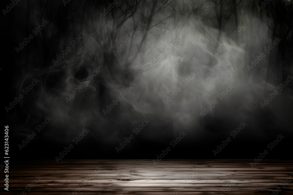 Grunge dark background. Wall of fog and wooden floor. Generative AI