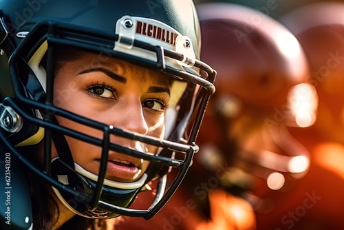Multiracial teen girl team play in American football.