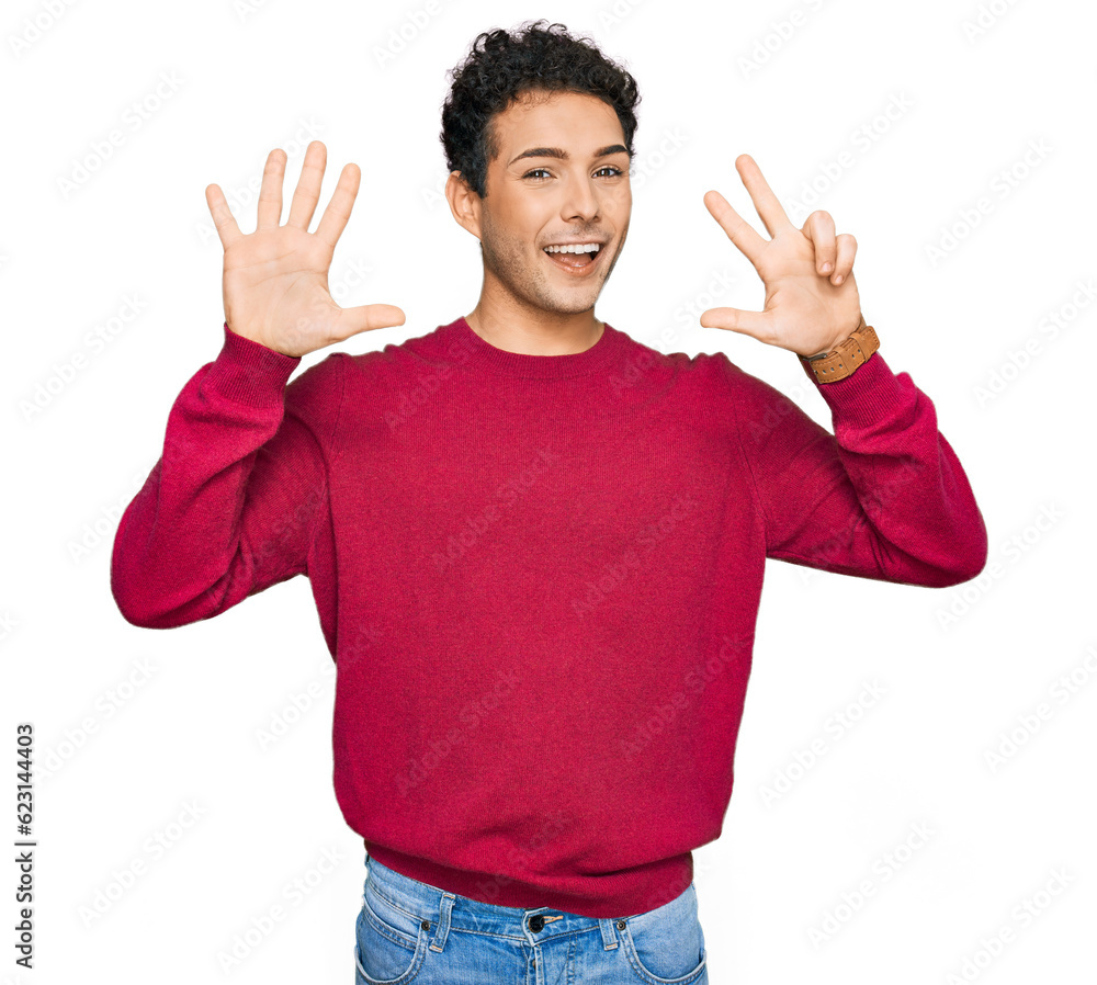 Young handsome man wearing casual clothes showing and pointing up with fingers number eight while smiling confident and happy. Young handsome man wearing casual clothes showing and pointing up with fingers number eight while smiling confident and happy.