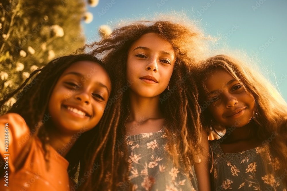 Portrait of three multiracial girls standing together and smiling at camera in summer street. Portrait of three multiracial girls standing together and smiling at camera in summer street.