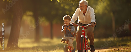 Happy grandfather teach cycling a child in park, wide banner