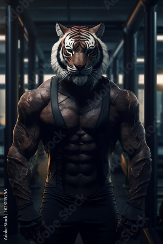 fit Tiger standing at the gym, Muscular Tiger confidently posing at the gym, generative AI