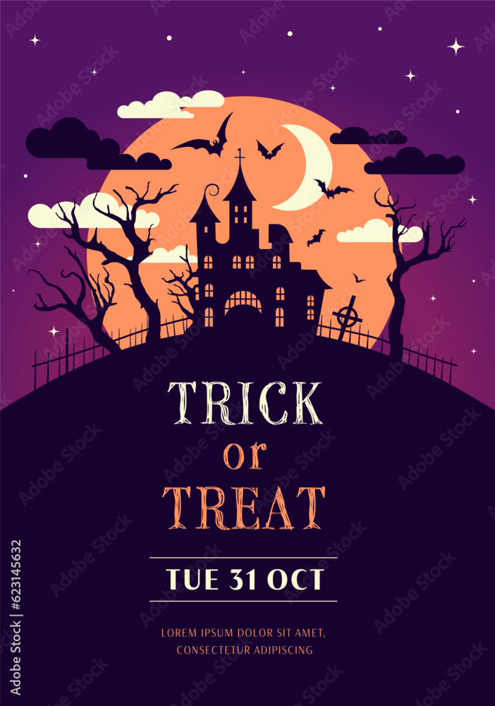 Trick or treat poster with castle, bats and graveyard. Vector illustration