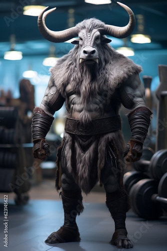 fit Yak standing at the gym, Muscular Yak showcasing strength and determination at the gym, generative AI