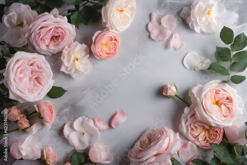 Composition top view of pretty rose flowers on white background.
