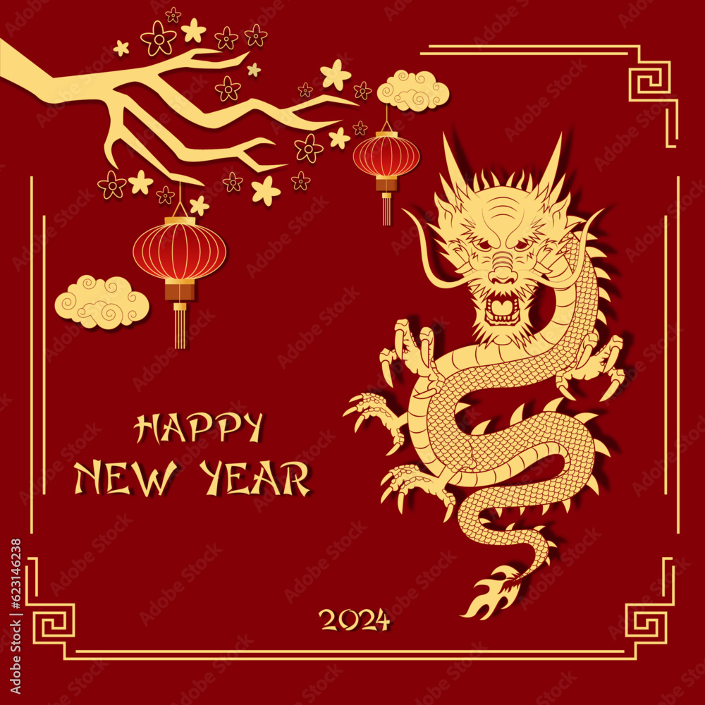 Happy new year 2024 the dragon zodiac sign with clouds, dragon, lantern, asian elements gold red color background. Year of the dragon. New Year banners, posters, newsletters.2024 Lunar New Year Happy new year 2024 the dragon zodiac sign with clouds, dragon, lantern, asian elements gold red color background. Year of the dragon. New Year banners, posters, newsletters.2024 Lunar New Year